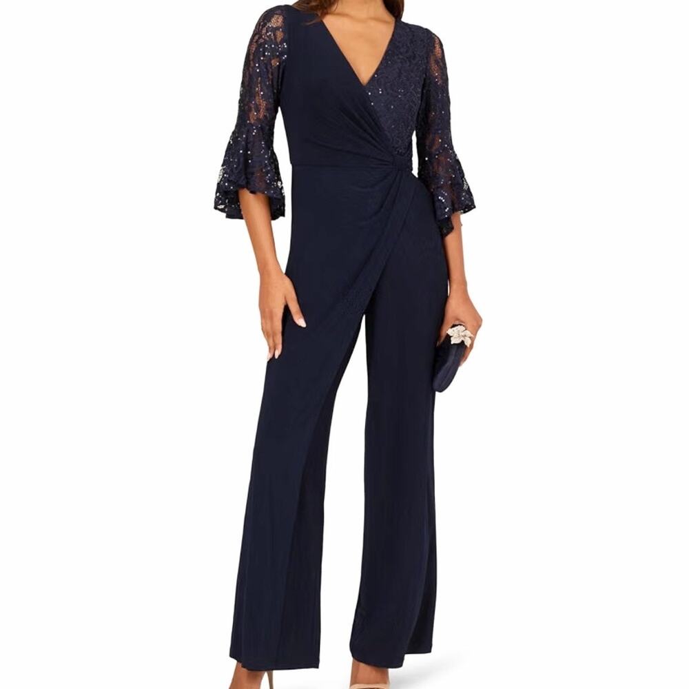 Adrianna Papell Surplice Lace Combo Jumpsuit Flare Sleeve Women's 8 Midnight
